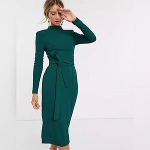 ASOS Design Long Sleeve Midi Dress with Obi Belt in Green size 12